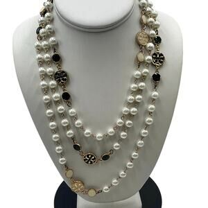 Tory Burch Authentic‎ Long
Pearl Logo Medallion
Multi-Strand Gold 60" Necklace